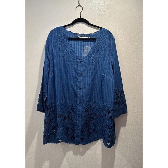 Soft Surroundings Plus Size 2X Blue Esme Blouse Lace Button Down Embroidered - Picture 1 of 9